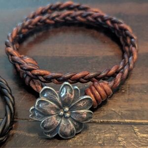 James Avery Retired Braided Leather Bracelet with Silver Wildflower
